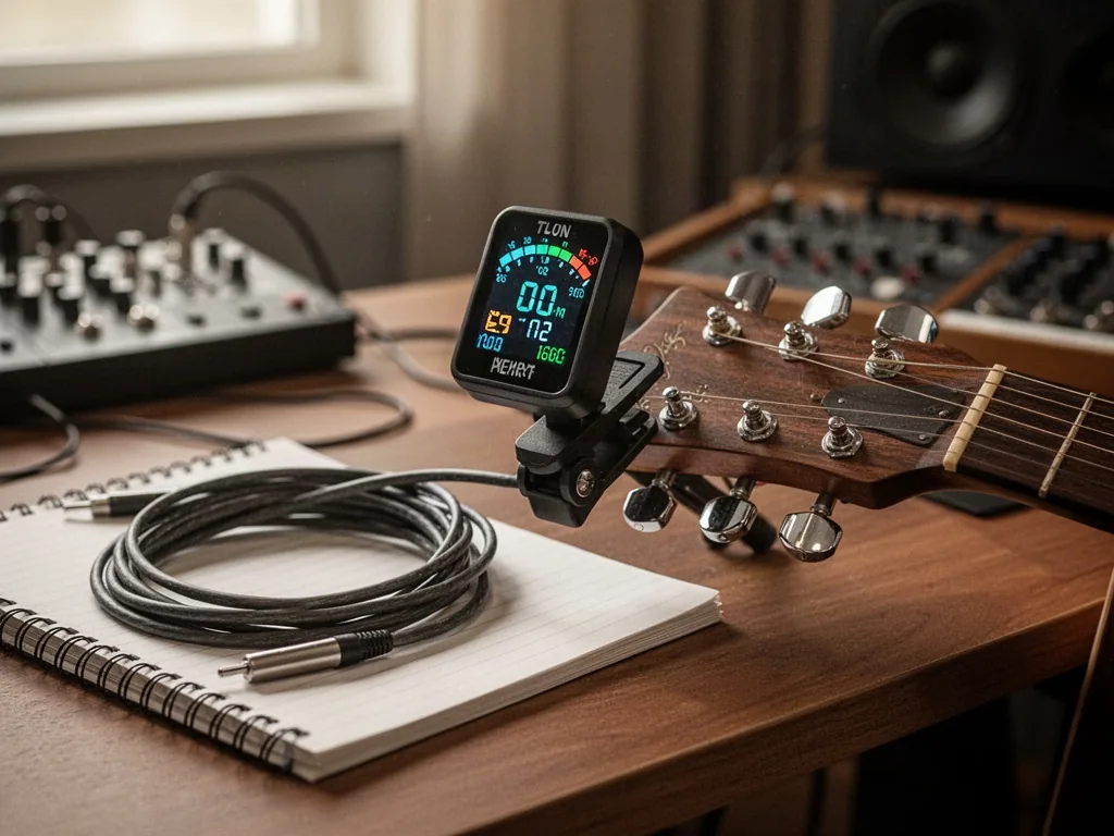 A clip-on guitar tuner attached to a headstock beside coiled cable and notebook on a studio desk, tuning pegs gleaming,