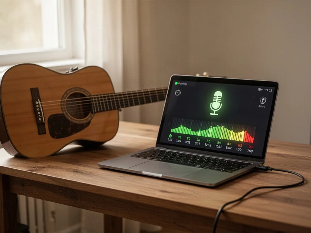 An acoustic guitar beside a laptop tuner screen, microphone icon visible, tuning bars and frequency numbers glowing, woo