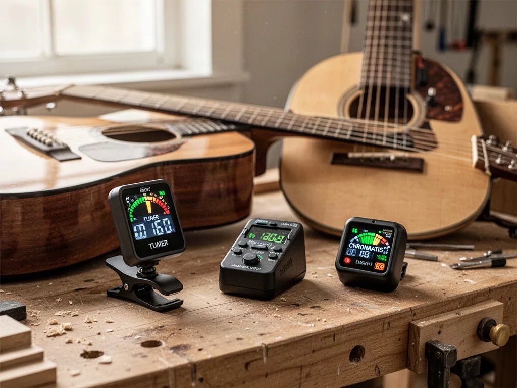A clip-on tuner, pedal tuner, and compact chromatic tuner arranged beside an acoustic and electric guitar on a wooden wo
