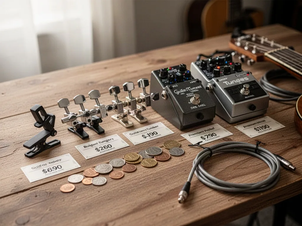 A row of guitar tuners from budget clip-on to premium pedal model displayed with price tags, coins, and a guitar cable o