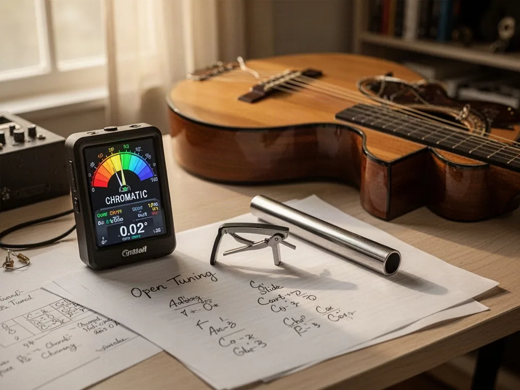 A chromatic tuner lit beside a guitar tuned for open tuning, capo, slide, and handwritten chord notes on a desk, warm af