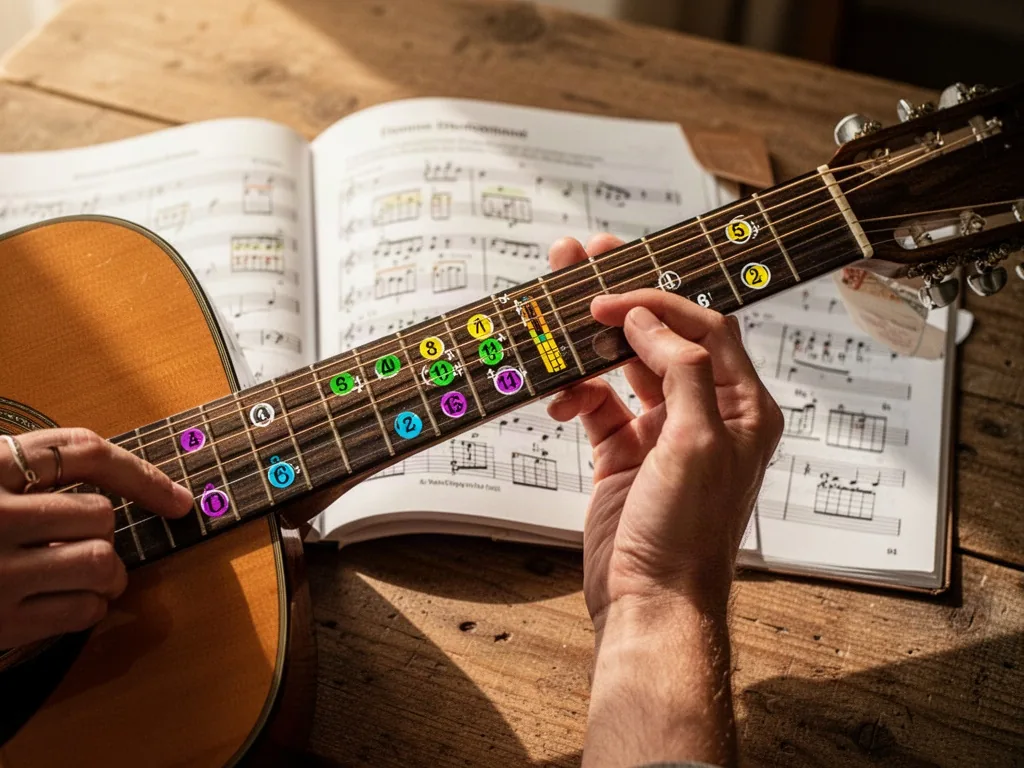An acoustic guitar neck showing several chord positions along the frets, colored fret markers, open music workbook nearb