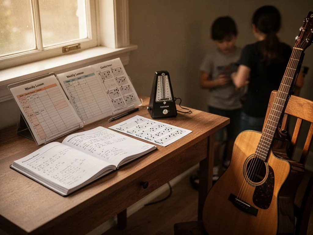 A guitar practice desk with open notebook, weekly lesson planner, metronome, chord chart, and acoustic guitar on a chair