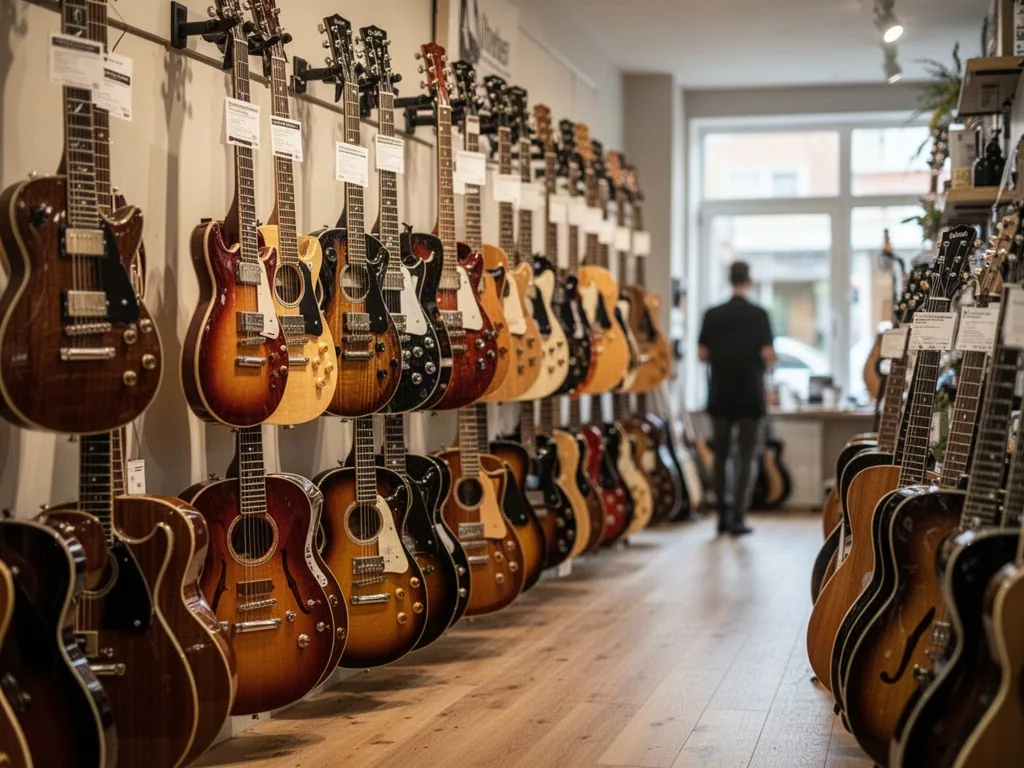 A curated wall of electric and acoustic guitars in a tidy music shop, grouped by shape and finish, with small tags, wood