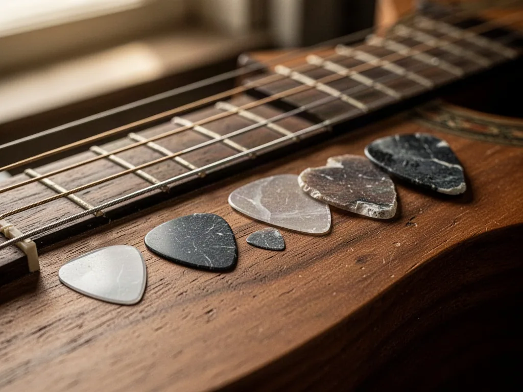 A row of guitar picks from thin to thick beside acoustic guitar strings on a wooden table, close detail, warm window lig