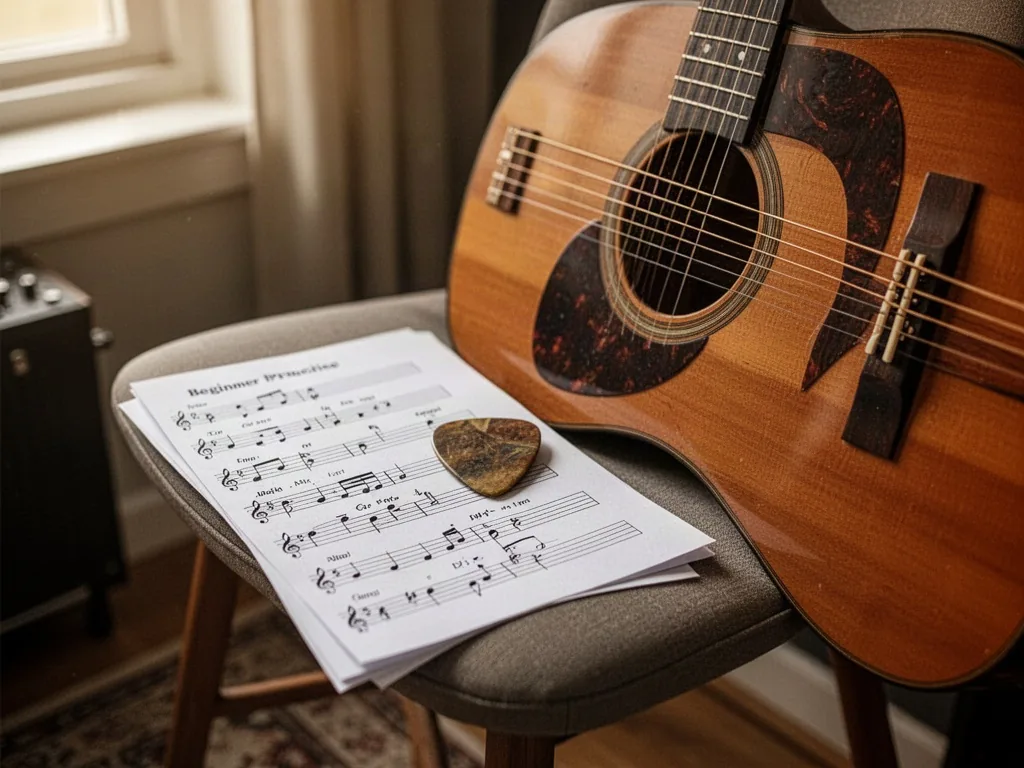 A medium guitar pick resting on beginner practice notes beside an acoustic guitar on a chair, cozy home studio corner, s
