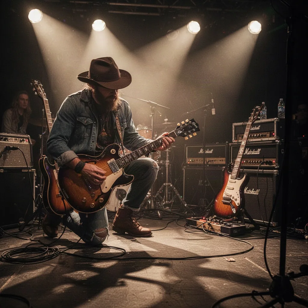 Main tenant plusieurs médiators de guitare devant un catalogue d’accessoires web
