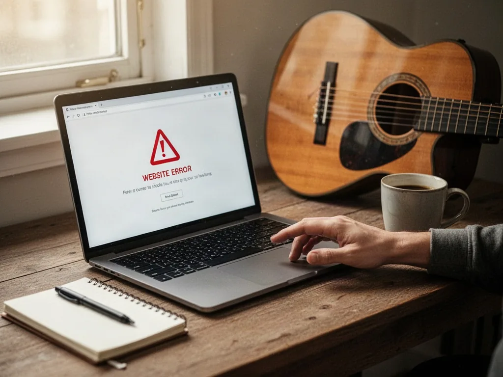 A laptop showing a website error page beside an acoustic guitar, a hand reaching for the browser refresh button, noteboo