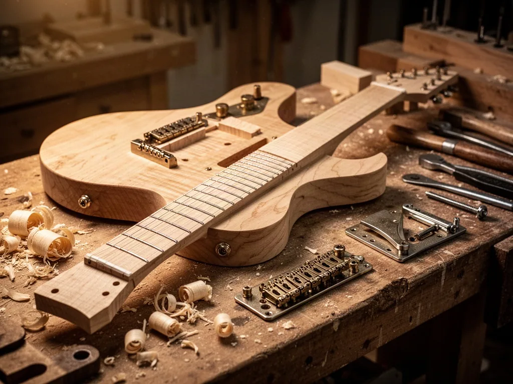 An electric guitar body on a luthier workbench, maple neck, nut, bridge and tailpiece arranged nearby, wood shavings, me