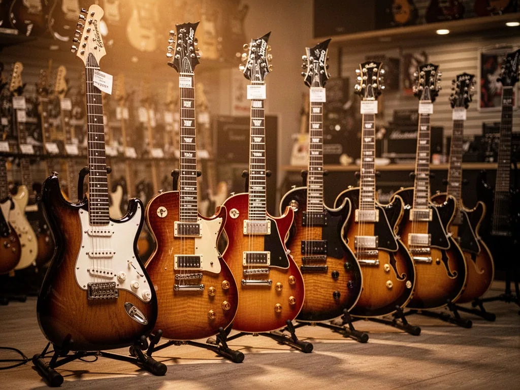 A row of iconic electric guitars on stands in a music shop, Stratocaster, Les Paul, RG and hollow-body silhouettes, poli