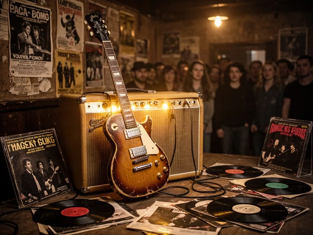A vintage electric guitar leaning beside a glowing amplifier, scattered vinyl records, concert posters, and a blurred cr