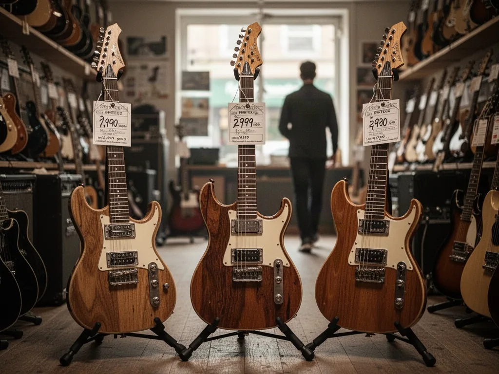 Three electric guitars on stands in a small music shop, contrasting body shapes and pickups, price tags hanging, blurred