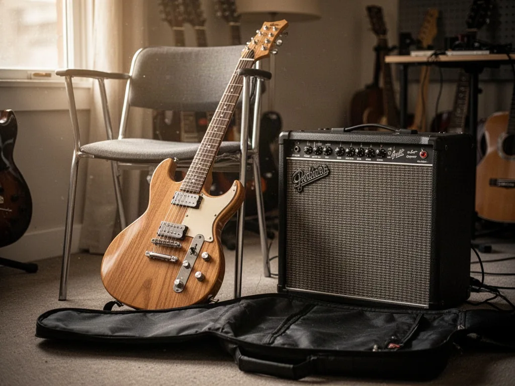 A lightweight offset electric guitar resting on a chair beside a compact practice amp, low string action visible near th