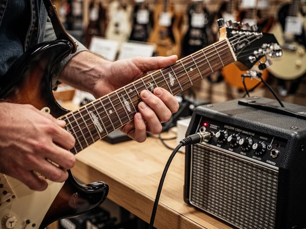 Hands testing an electric guitar at a shop counter, fingers sliding along fret edges, cable plugged into a small amp, se