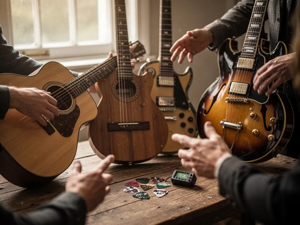 A beginner acoustic guitar beside an intermediate electric and a hollow-body jazz model, picks and tuner on a wooden tab
